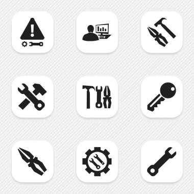 9 düzenlenebilir aracı simgeler kümesi. Somun anahtarı, onarım aracı, iş ekipmanları ve daha fazlası gibi simgeler içerir. Web, mobil, UI ve Infographic tasarım için kullanılabilir.