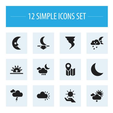 12 düzenlenebilir Hava simgeler kümesi. Harita, kasırga, bulut ile ay ve daha fazla gibi simgeler içerir. Web, mobil, UI ve Infographic tasarım için kullanılabilir.