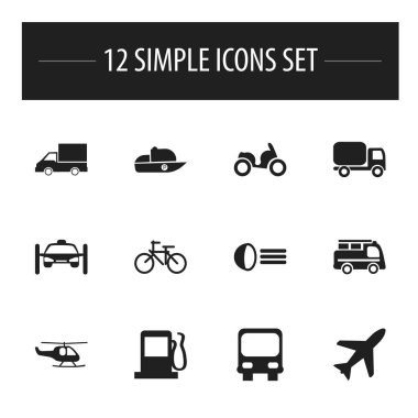12 düzenlenebilir ulaşım simgeler kümesi. Nakliye taşıma, sürat teknesi, kamyon ve daha fazlası gibi simgeler içerir. Web, mobil, UI ve Infographic tasarım için kullanılabilir.