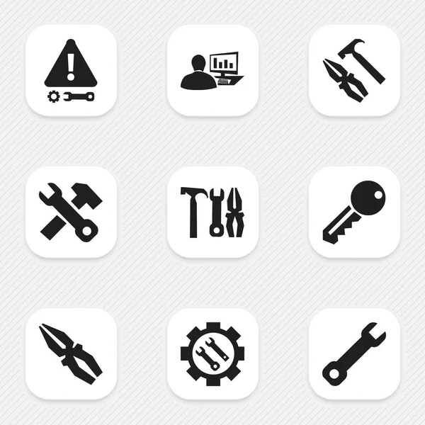 Conjunto de 9 ícones de ferramentas editáveis. Inclui símbolos como chave inglesa, ferramenta de reparo, equipamento de trabalho e muito mais. Pode ser usado para web, mobile, UI e design infográfico . —  Vetores de Stock