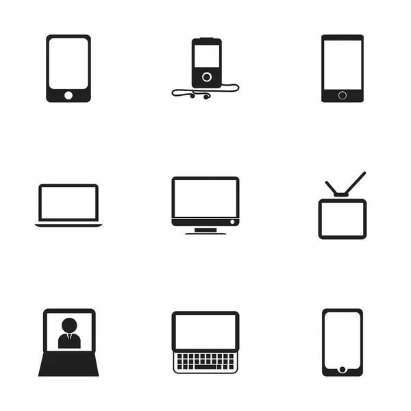 Ensemble de 9 icônes de périphériques modifiables. Comprend des symboles tels que l'écran, téléphone portable, ordinateur portable et plus. Peut être utilisé pour la conception web, mobile, UI et infographique . — Image vectorielle