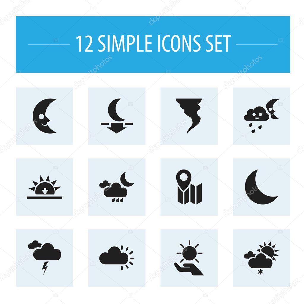 Set of 12 editable air icons. Includes symbols such as map, hurricane, moon with cloud and more. Can be used for web, mobile, UI and infographic design.