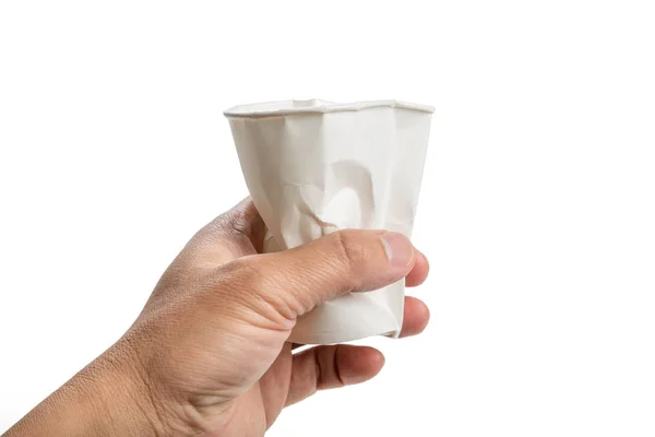 Crumbled Witboek Coffee Cup Witte Achtergrond — Stockfoto