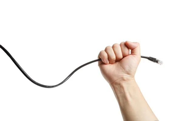 Ręka Trzyma Kabel Sieciowy Czarny Koncepcja Sterowania — Zdjęcie stockowe