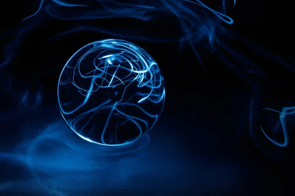 Transparent Crystal Ball Black Blue Light Close — Stock Photo, Image