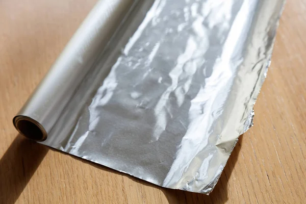 Aluminum Foil Roll Wood Table Close — Stock Photo, Image