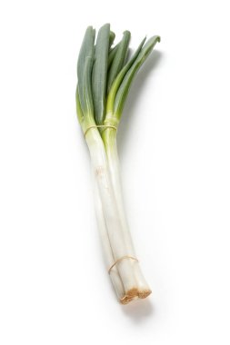 Beyaz arka planda taze yeşil pırasa soğanı 