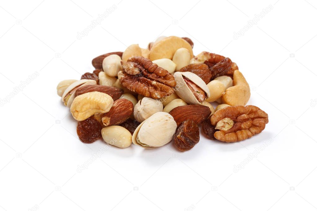Mixed nuts snacks  isolated on white background. 