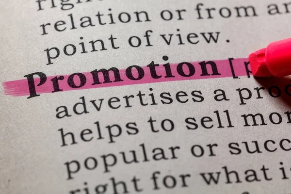 Fake Dictionary, Dictionary definition of the word promotion. including key descriptive words.