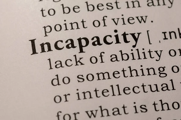 Fake Dictionary Dictionary Definition Word Incapacity — Stock Photo, Image