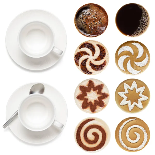 Top view of hot coffee set (espresso,cappuccino, latte),  isolated on the white background.