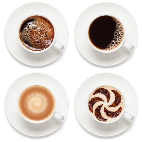 Pohled Shora Kolekce Šálek Kávy Izolovaných Bílém Pozadí — Stock fotografie