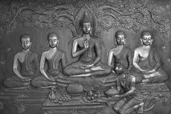Budda Sceny Życia Rzeźbione Metalu Świątyni Tajlandii — Zdjęcie stockowe