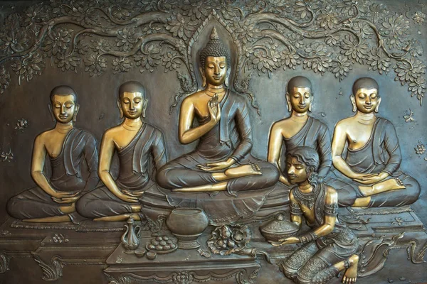 Buddha Životní Scény Vyřezávaný Kov Chrámu Thajsku — Stock fotografie