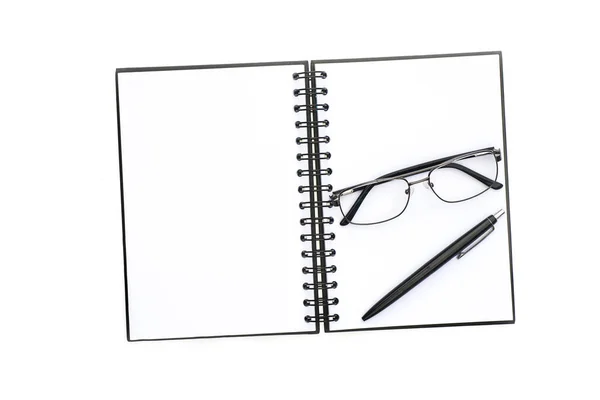 Glasögon Penna Och Anteckningsbok Vit Bakgrund Stockbild