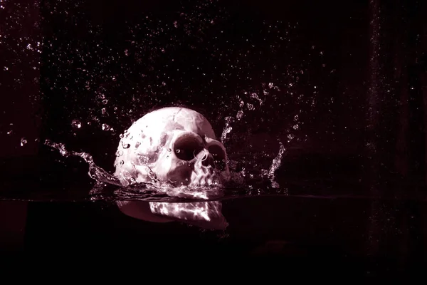 Ανθρώπινο Πλαστικό Κρανίο Που Πέφτει Στο Νερό Απομονωμένο Μαύρο Φόντο — Φωτογραφία Αρχείου