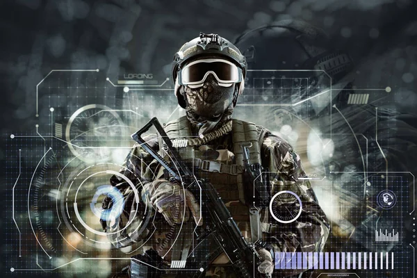 Soldier Special Forces Glasses Weapons Hands Futuristic Background Military Concept — Stock Photo, Image