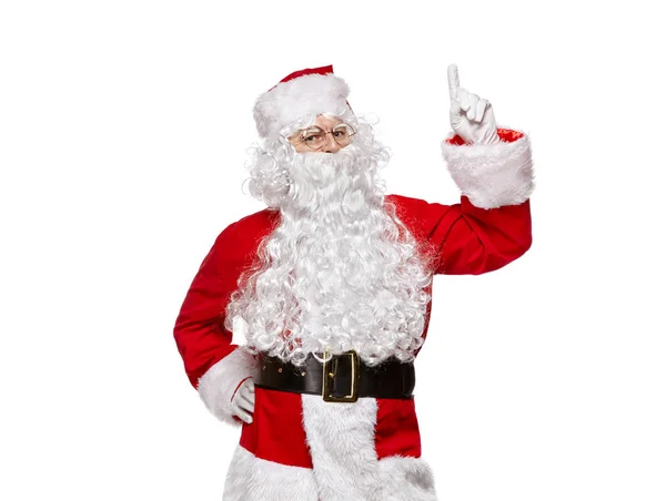 Santa Claus Białym Tle Santa Claus Wskazuje Palcem — Zdjęcie stockowe