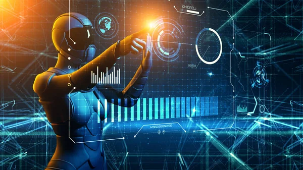 Geleceğin teknolojisi kavramı. Kadın fütüristik uzayda dijital ekran ile çalışıyor. 3 D illüstrasyon.