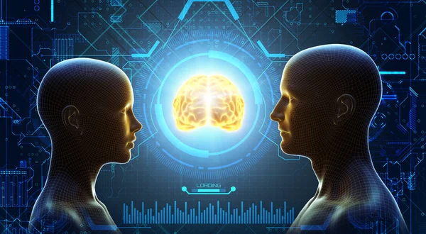 Sanal erkek ve kadın 3dillustration iş ve teknoloji arka plan öğrenme öğrenme sürecini temsil. 