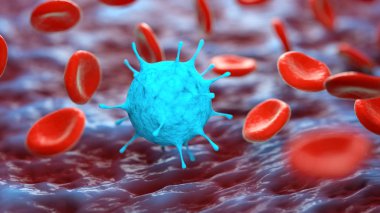 microskopik virüs hücresi ve kan 3D Illustration. Viral hastalık salgını, enfeksiyon, kavramsal görüntü.
