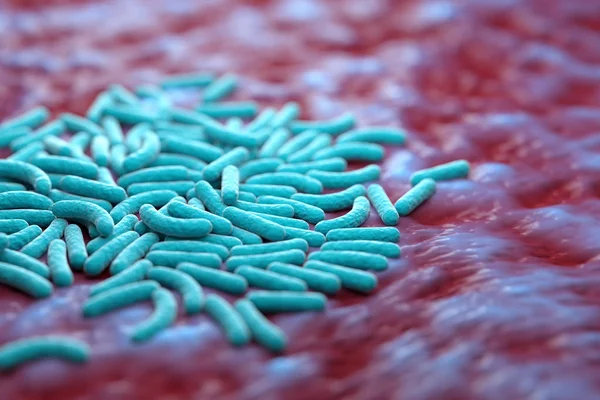3 d Darstellung von Bakterien in der Mikroflora. Blaues Bakterium auf roter Oberfläche. — Stockfoto