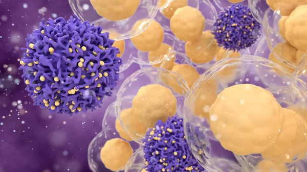 Concepto médico del cáncer. Ilustración 3d de células T o células cancerosas . — Foto de Stock