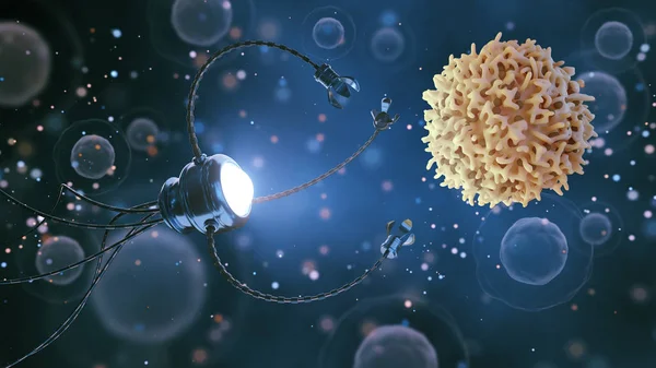 Medisch concept op het gebied van nanotechnologie. Een nanobot bestudeert of doodt een kankercel. 3 d Rendering. — Stockfoto