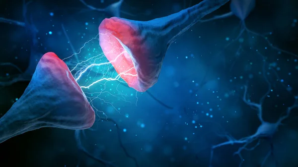 Ilustración de sinapsis y neurona sobre un fondo azul . — Foto de Stock