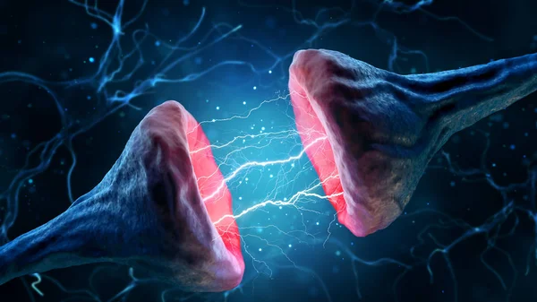 Mavi arka plan üzerinde sinaps ve nöron İllüstrasyonu.