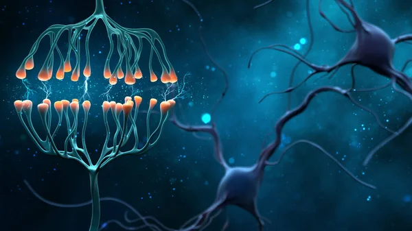 Komórki Synapse i neuron wysyłające sygnały chemiczne elektryczne. Cyfrowa ilustracja synapsy na niebieskim tle. — Zdjęcie stockowe