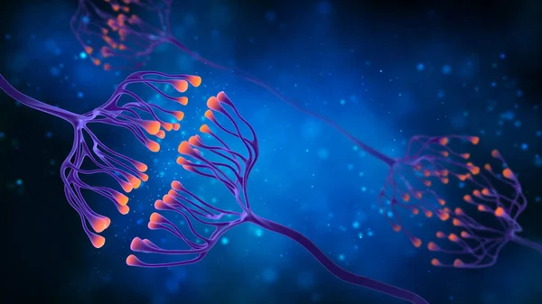 Elektriksel kimyasal sinyaller gönderen sinaps ve nöron hücreleri. Mavi arka planda dijital sinaps çizimi.