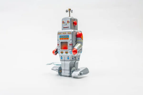 Robô Lata Brinquedo Fundo Branco — Fotografia de Stock