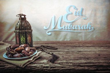 eid mubarak with date palm fruit or kurma , ramadan food , image Vintage style . clipart