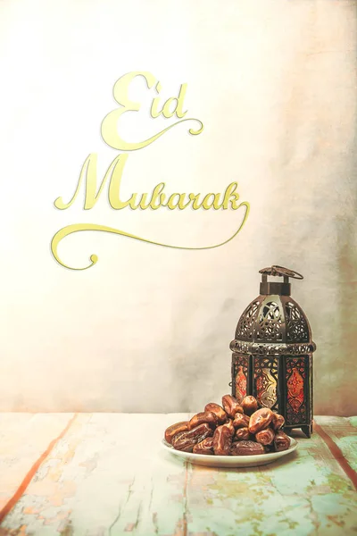 Eid Mubarak Plody Datlovníku Nebo Kúrmu Ramadánových Jídel Obrázek Vintage — Stock fotografie
