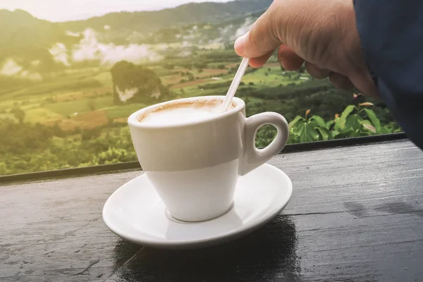 Tasse Café Sur Table Avec Vue Sur Montagne Matin Comme — Photo