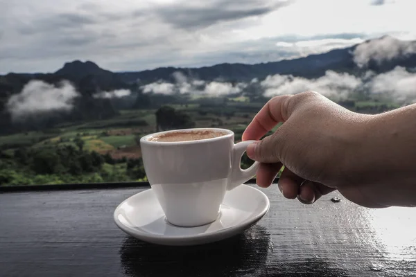 Tasse Café Sur Table Avec Vue Sur Montagne Matin Comme — Photo