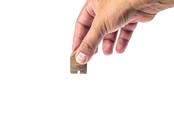 Holzminiatur Mit Hand Auf Weißem Hintergrund — Stockfoto
