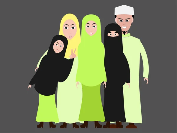 Moslim Familie Cartoon Afbeelding Islamitische Kledij — Stockvector