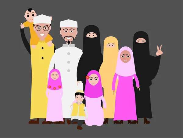 穆斯林家庭卡通形象伊斯兰服装 — 图库矢量图片