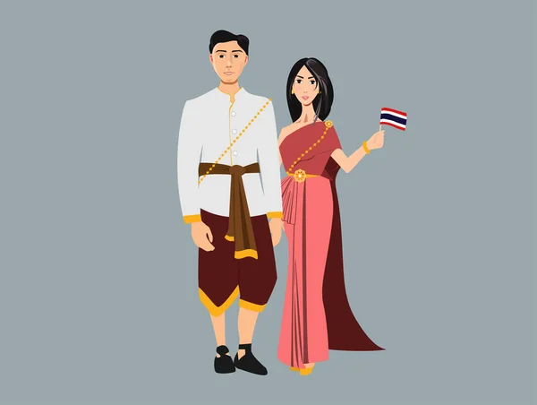 Chica Los Hombres Jóvenes Vestido Nacional Tailandia — Vector de stock