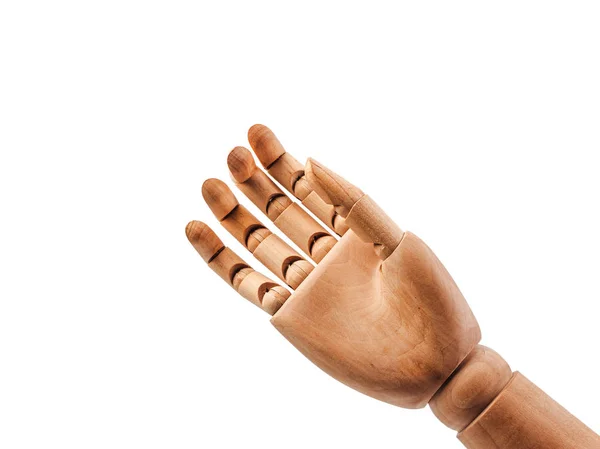 Mano de muñeca de madera hacer dedos para tocar en el suelo de panadería blanco — Foto de Stock