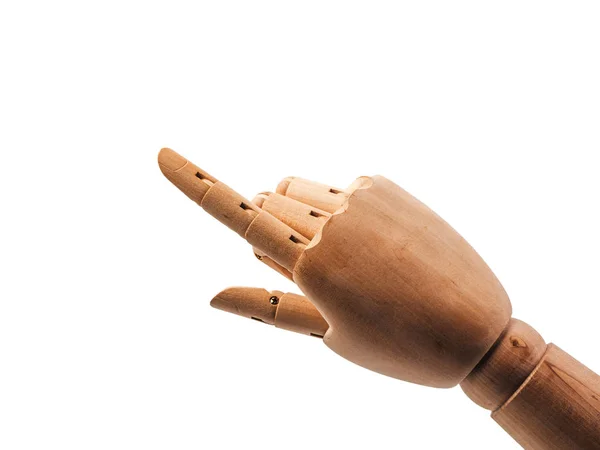 Hand aus Holzpuppe macht Finger zum Berühren auf weißem Backboden — Stockfoto