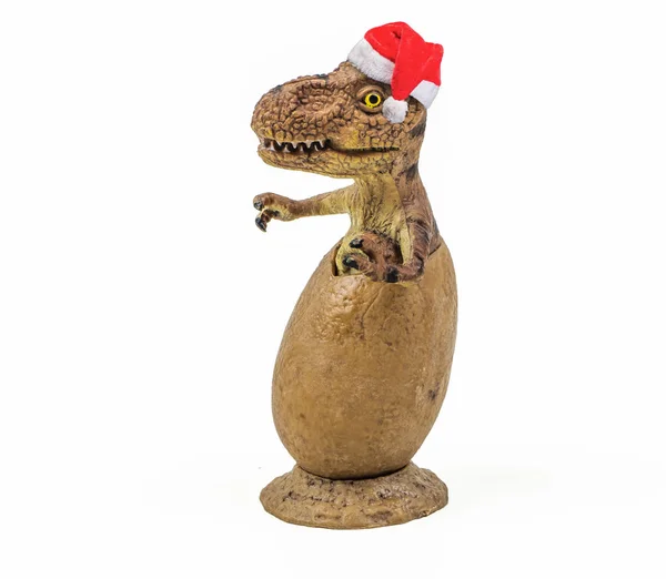 Tyrannosaurus rex in the egg with Christmas hat ,dinosaur on whi — Stock Photo, Image