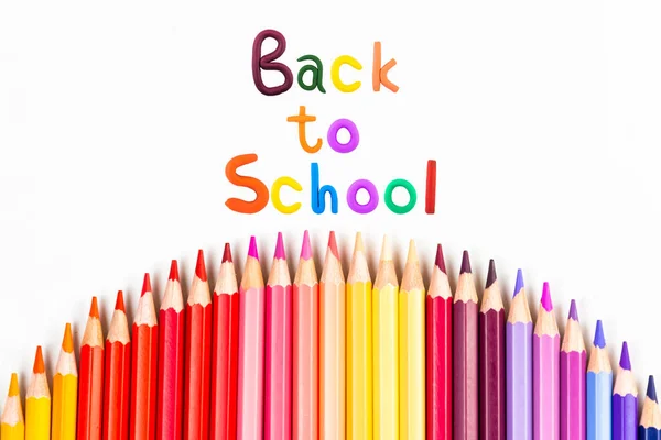 Top View Banner Message Back School Color Pencil Items School — Stock Photo, Image