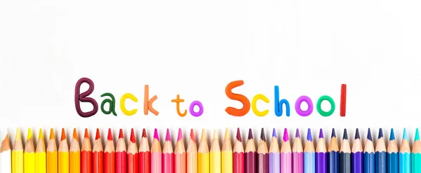 Top View Banner Message Back School Color Pencil Items School — Stock Photo, Image
