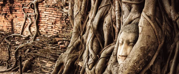 Buddha Hanyatlás Thailand Romok Régiségek Ayutthaya Történelmi Parkban Zászló — Stock Fotó