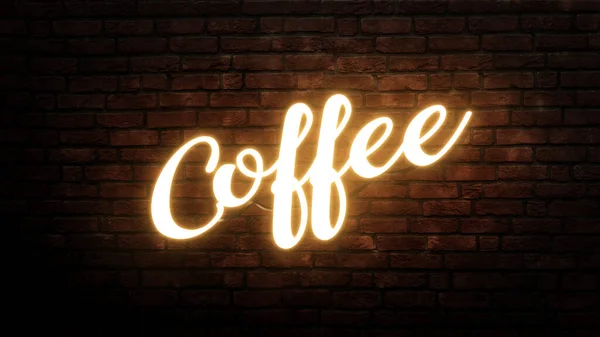 Coffee neon sign emblem in neon style on brick wall background