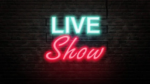 Live Show Sign Emblem Neon Style Brick Wall Background — Stock Photo, Image