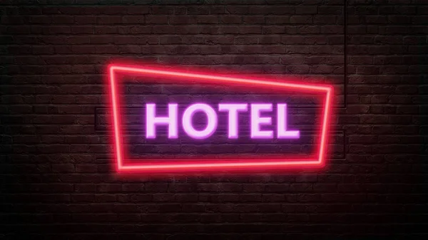 Hotel Sign Emblem Neon Style Brick Wall Background — Stock Photo, Image